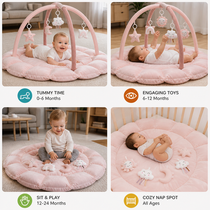 5-in-1 Plush Baby Play Gym, Activity Mat & Bed with Hanging Toys