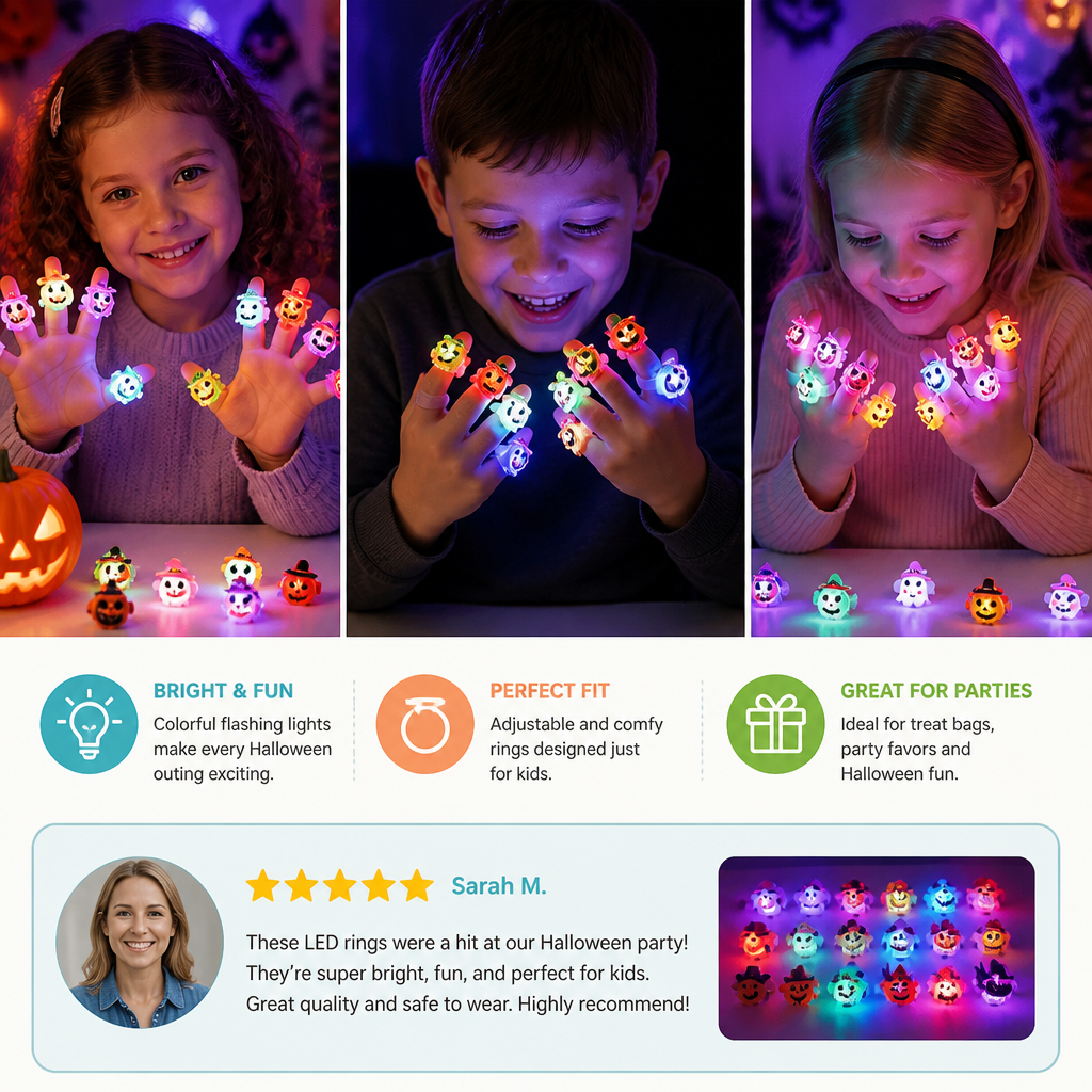 50-Pack Flashing LED Halloween Rings for Kids’ Party Favors & Treat Bags