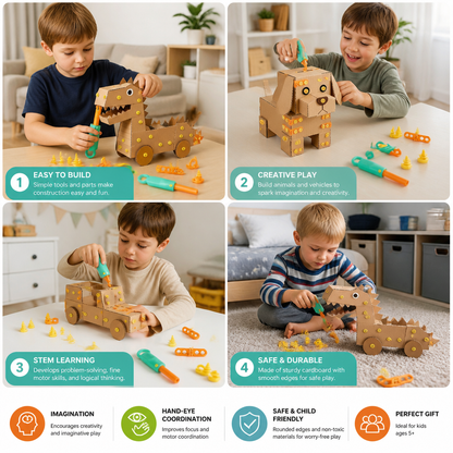 Safe 100-Piece STEM Cardboard Construction Kit with Tool Set for Kids