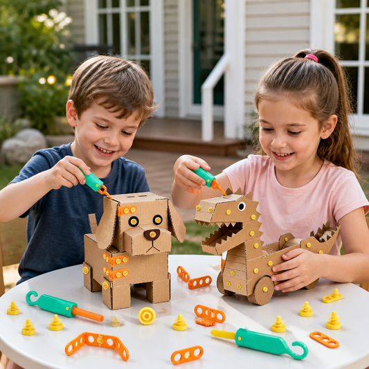 Safe 100-Piece STEM Cardboard Construction Kit with Tool Set for Kids