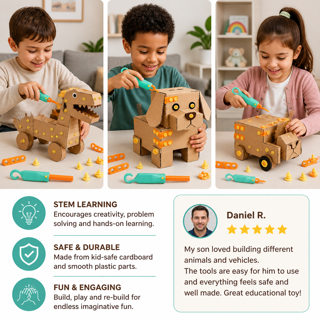 Safe 100-Piece STEM Cardboard Construction Kit with Tool Set for Kids