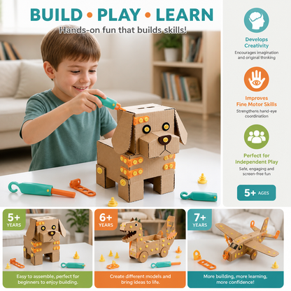 Safe 100-Piece STEM Cardboard Construction Kit with Tool Set for Kids