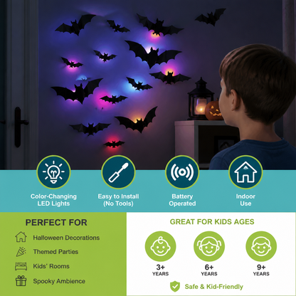 3D LED Halloween Bat Wall Decoration with Color-Changing Lights