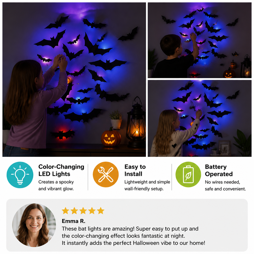3D LED Halloween Bat Wall Decoration with Color-Changing Lights