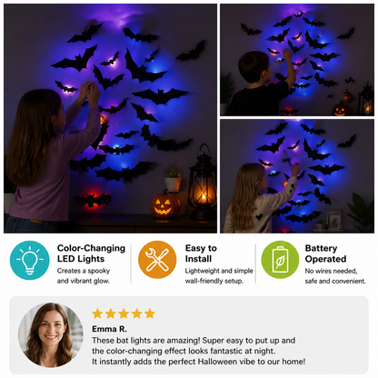 3D LED Halloween Bat Wall Decoration with Color-Changing Lights