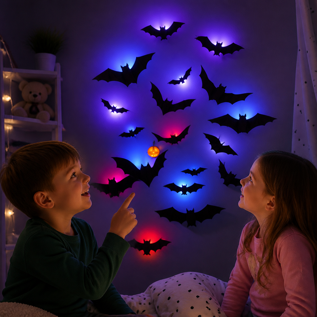 3D LED Halloween Bat Wall Decoration with Color-Changing Lights