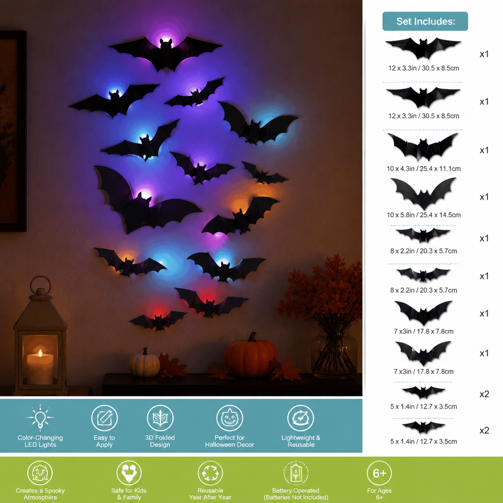 3D LED Halloween Bat Wall Decoration with Color-Changing Lights