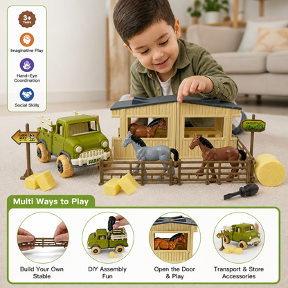 DIY Take-Apart Farm Truck & Horse Stable Play Set for Kids