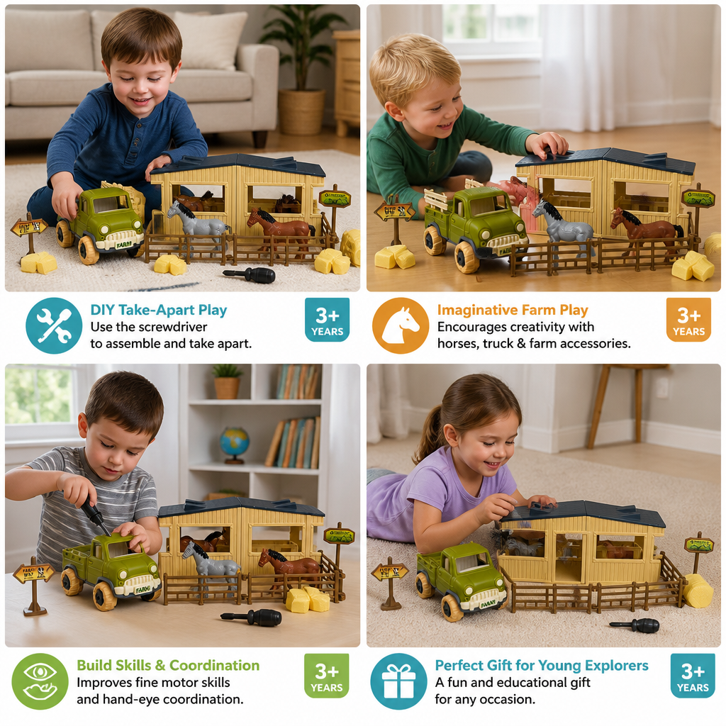 DIY Take-Apart Farm Truck & Horse Stable Play Set for Kids