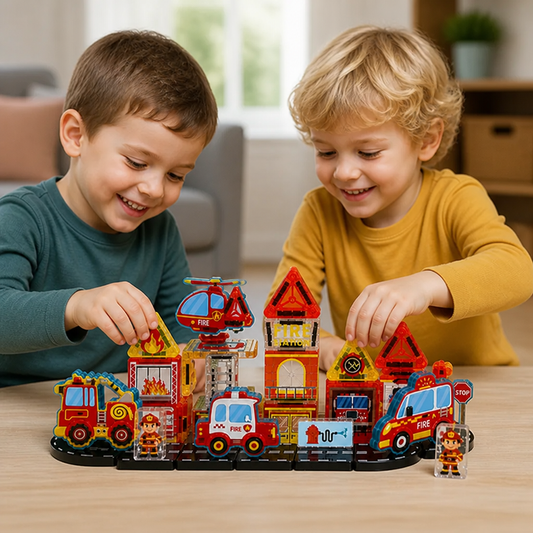 40-Piece Magnetic Travel Building Set with Construction, Fire Truck & Police Vehicles