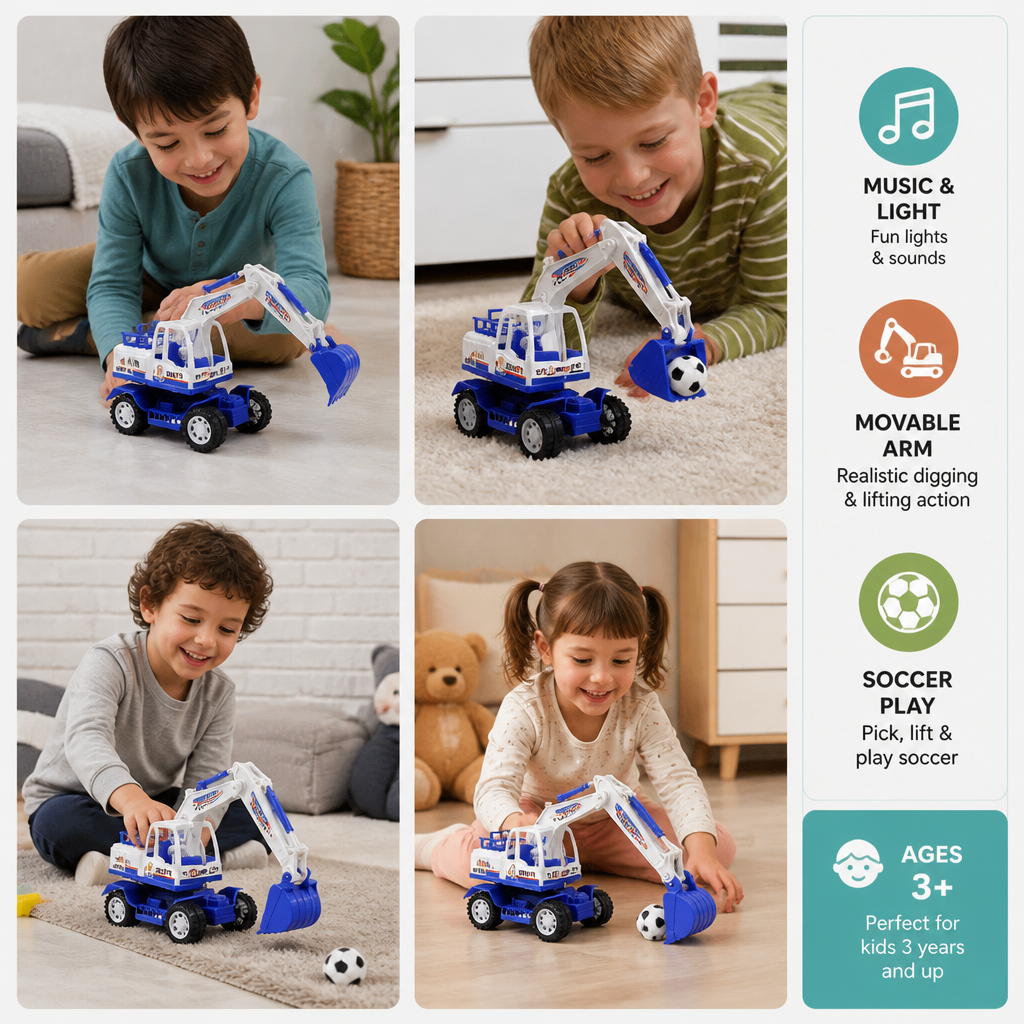 Musical Excavator Toy with Automatic Soccer Ball Scooping & LED Lights