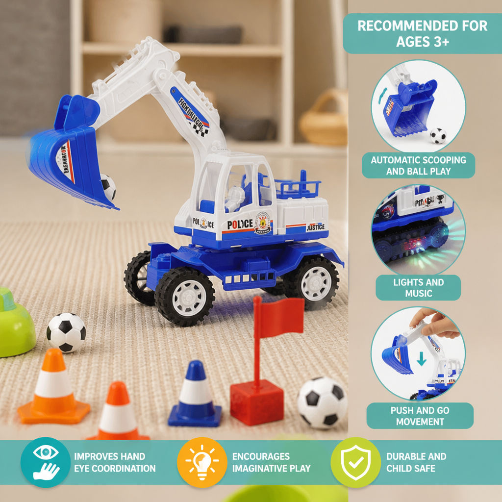 Musical Excavator Toy with Automatic Soccer Ball Scooping & LED Lights
