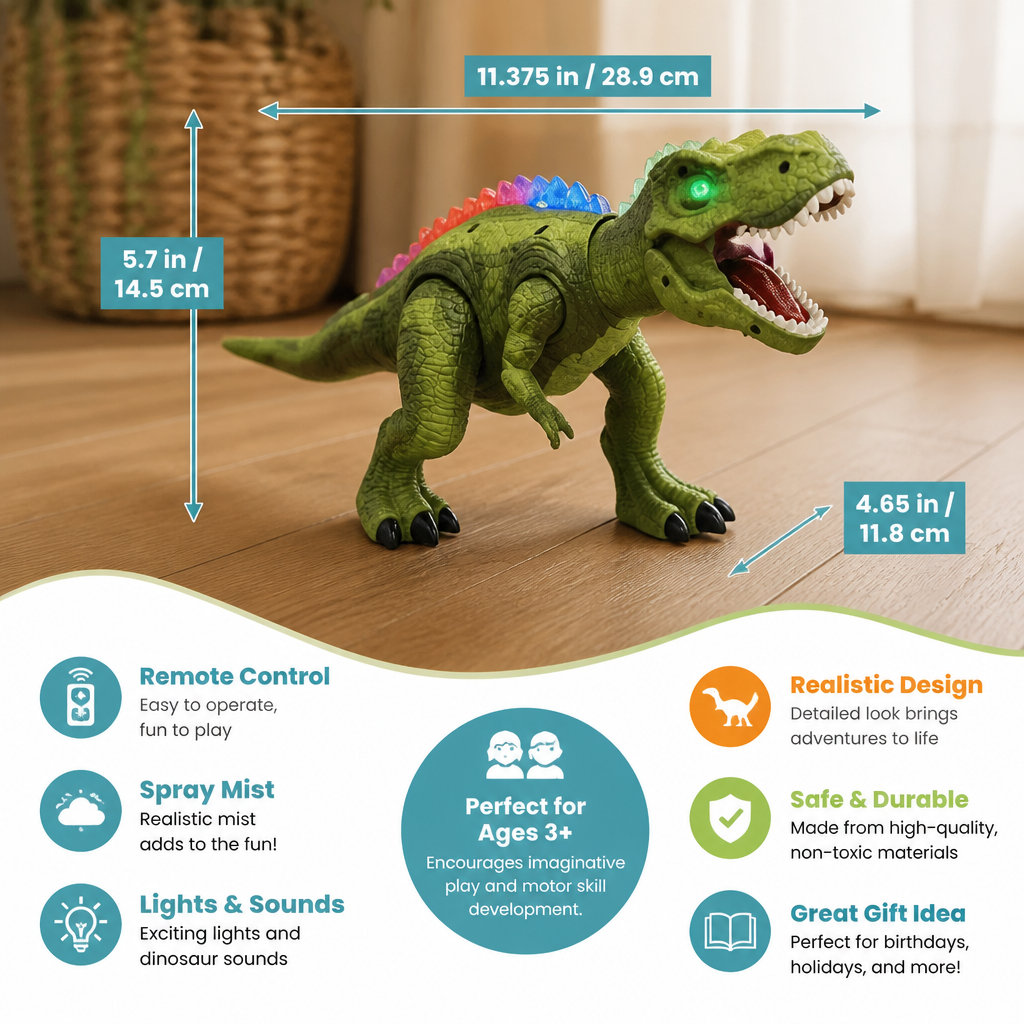 Remote Control Walking T-Rex – RC Dinosaur with Spray Mist, Lights & Sound