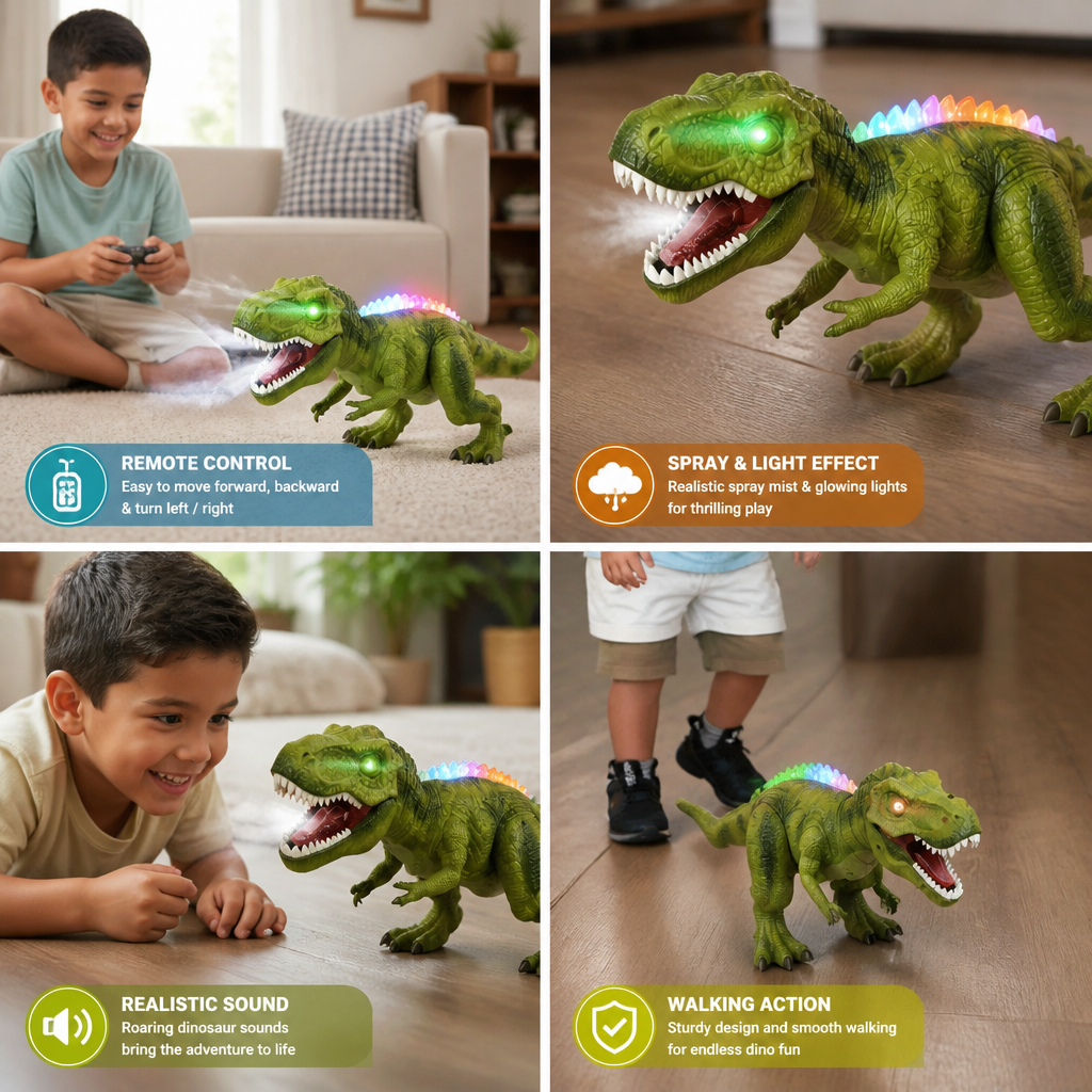 Remote Control Walking T-Rex – RC Dinosaur with Spray Mist, Lights & Sound