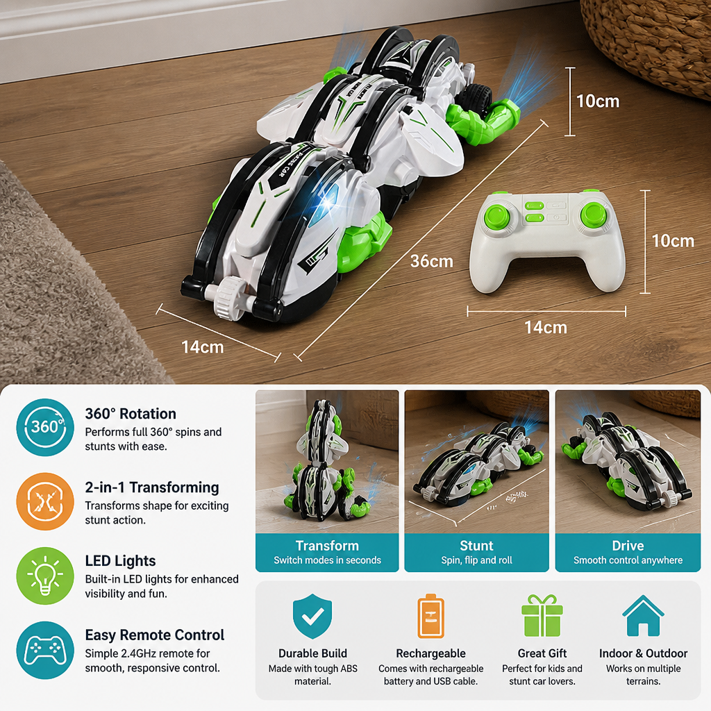 2-in-1 Remote Control Transforming Stunt Car with 360° Rotation & LED Lights