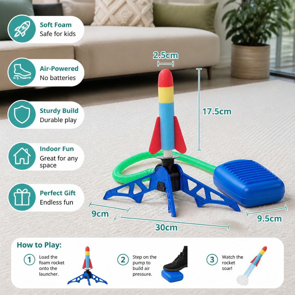 Safe & Soft Kids Rocket Launcher- Lightning Air-Powered Indoor Fun