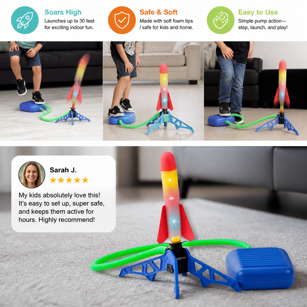 Safe & Soft Kids Rocket Launcher- Lightning Air-Powered Indoor Fun
