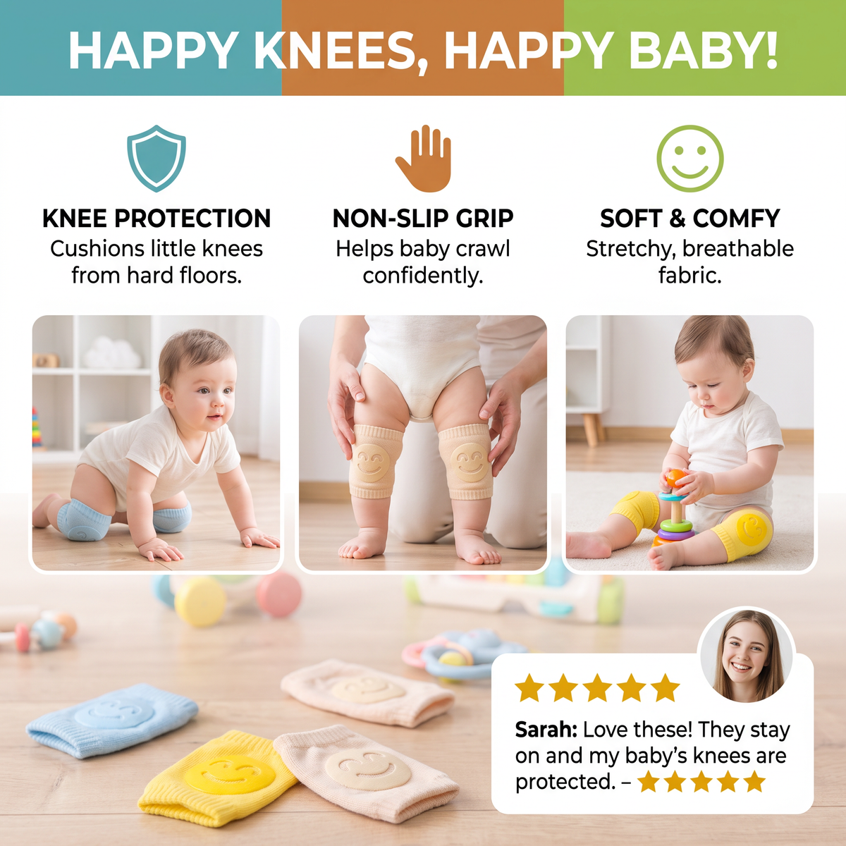 Baby Crawling Knee Pads – Non-Slip Protection with Smiley Face Design