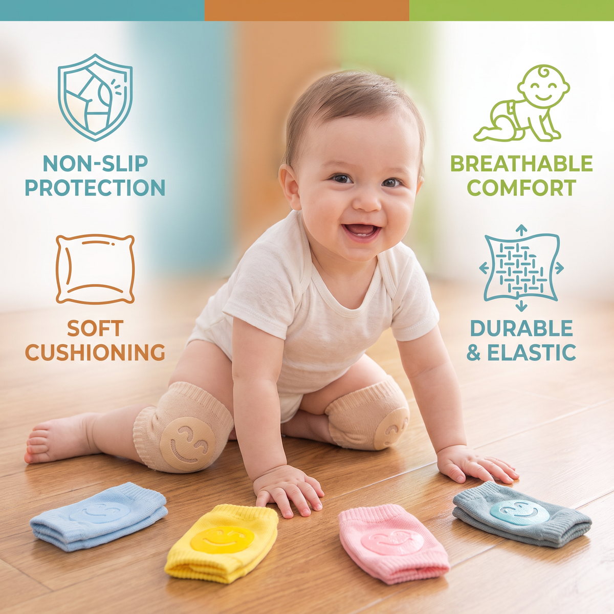 Baby Crawling Knee Pads – Non-Slip Protection with Smiley Face Design