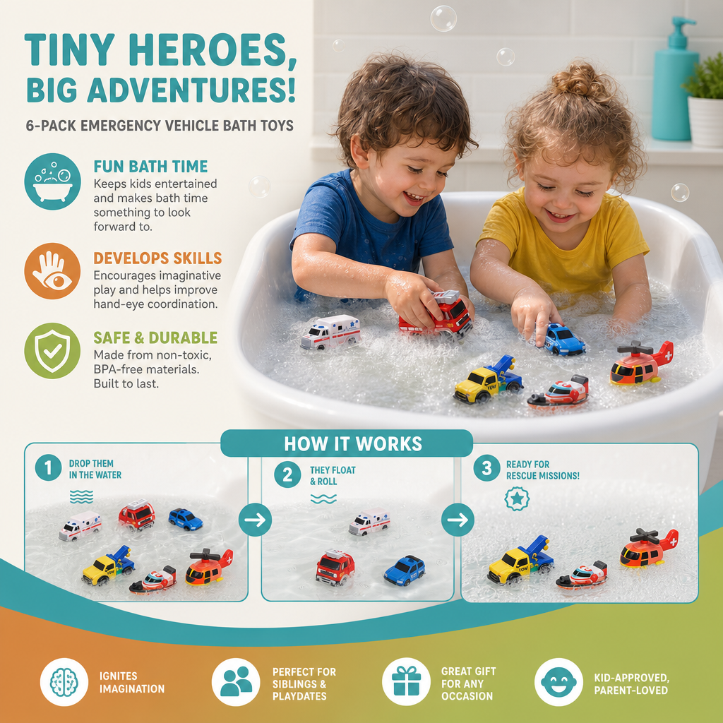 6-Pack Color-Changing Emergency Vehicle Bath Toys for Babies & Toddlers