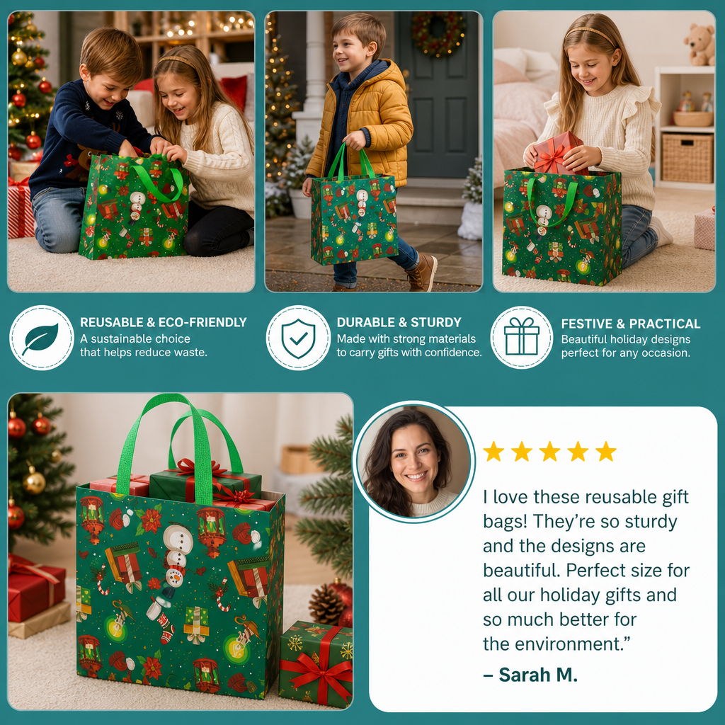 Reusable Christmas Gift Bags with Handles – Various Festive Designs