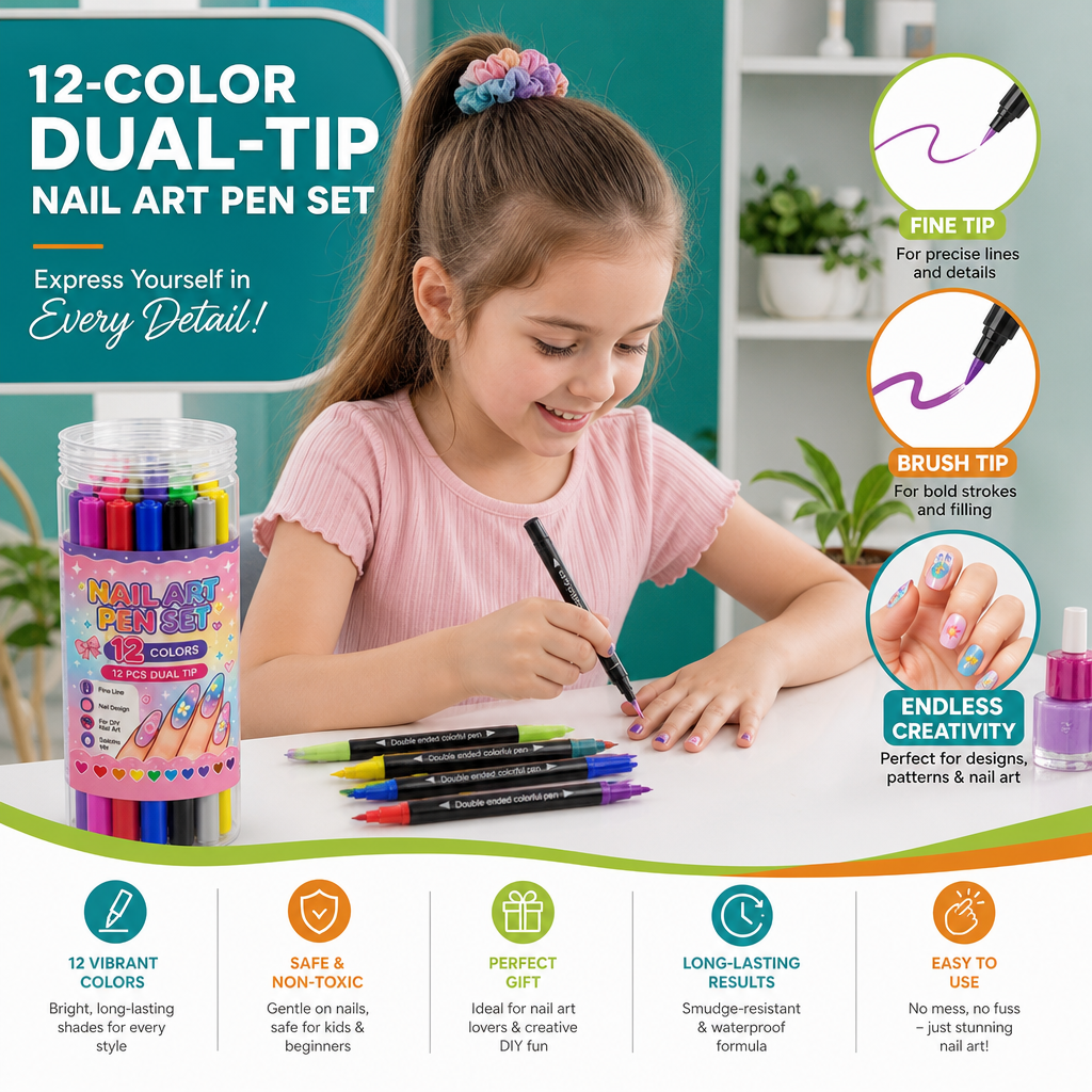 12-Color Dual-Tip Nail Art Pen Set – Fine Detail & Creative Designs