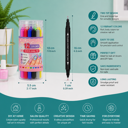 12-Color Dual-Tip Nail Art Pen Set – Fine Detail & Creative Designs
