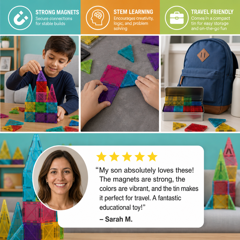 Magnetic Building Blocks Set for Kids – Travel-Friendly Storage Tin