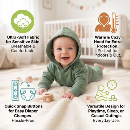 Hooded Baby Romper – Soft Long Sleeve Onesie with Front Pocket