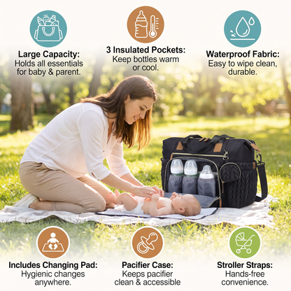 Lightweight Waterproof Diaper Tote Bag – Large Capacity with Changing Pad & Pacifier Case