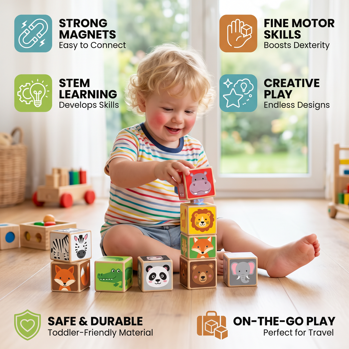 Toddler-Safe 4.2 cm Safari Animal Magnetic Building Cubes – STEM Learning Blocks