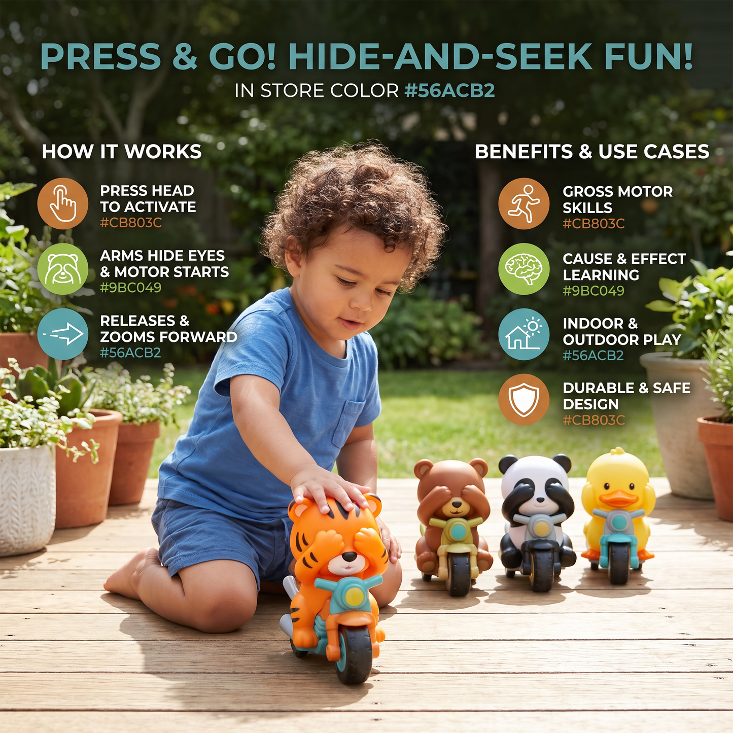 Press & Go Animal Motorcycle Toy – Cute Hide-and-Seek Character Car