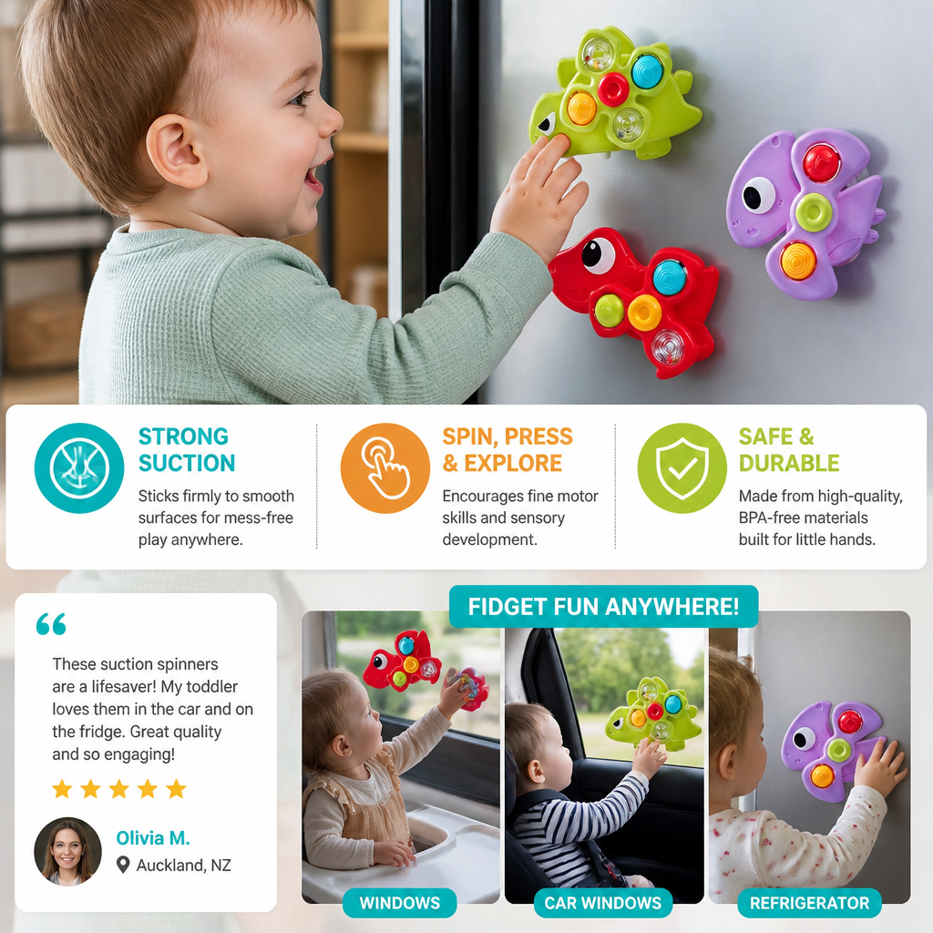 Dinosaur Suction Cup Spinner Toy for Babies & Toddlers Set of 3