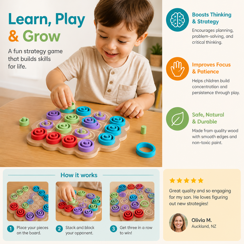 Early Educational 3-Level Wooden Tic-Tac-Toe Strategy Game