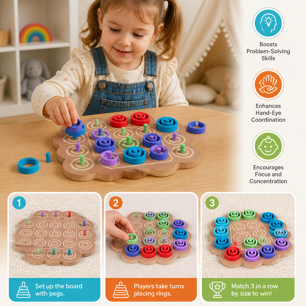 Early Educational 3-Level Wooden Tic-Tac-Toe Strategy Game