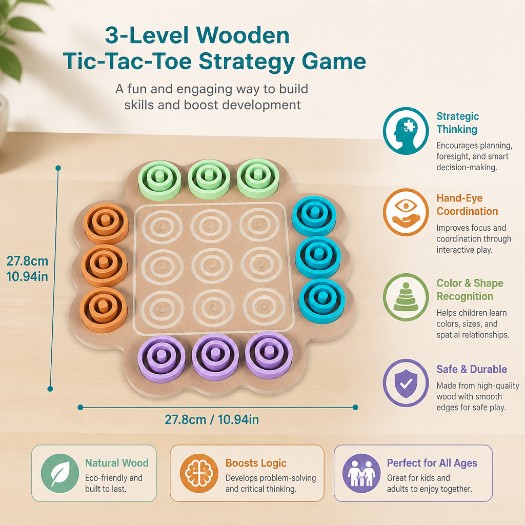 Early Educational 3-Level Wooden Tic-Tac-Toe Strategy Game