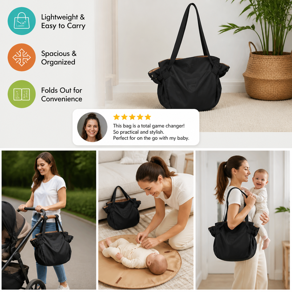2-in-1 Folding Diaper Bag & Changing Mat – Lightweight & Spacious Travel Tote for Moms