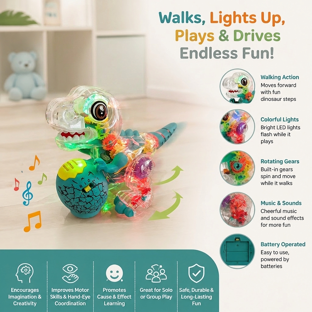 Interactive Light-Up Gear Dinosaur Toy with Music & Walking Action