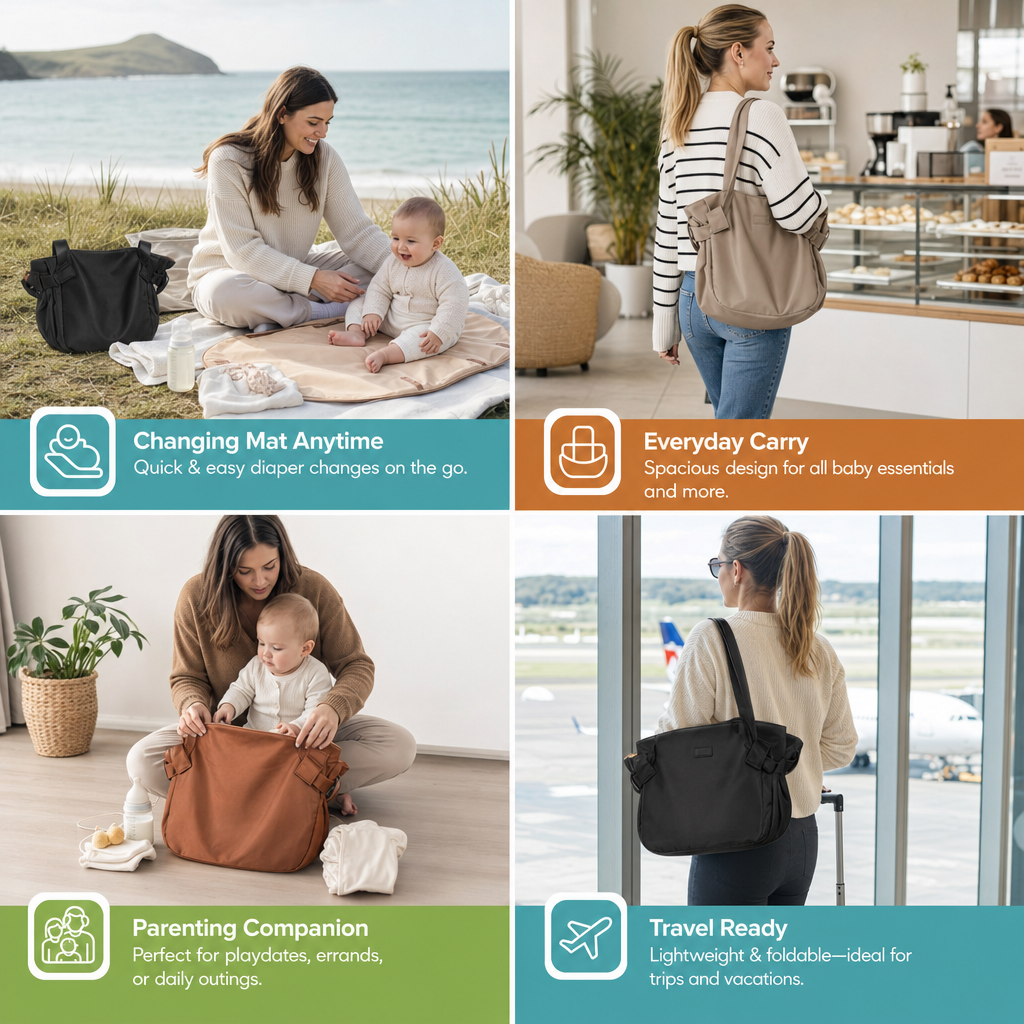 2-in-1 Folding Diaper Bag & Changing Mat – Lightweight & Spacious Travel Tote for Moms