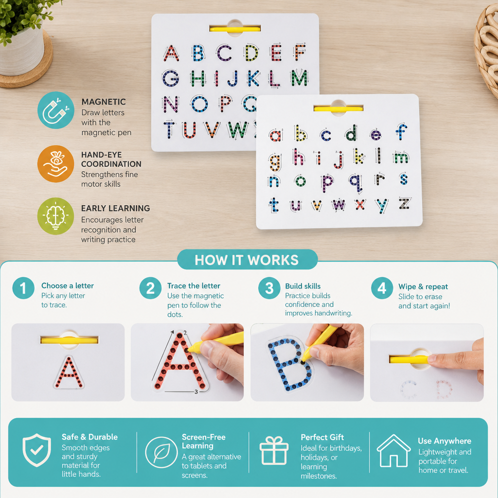 2-in-1 Magnetic Letter Tracing Board for Uppercase & Lowercase Writing Practice