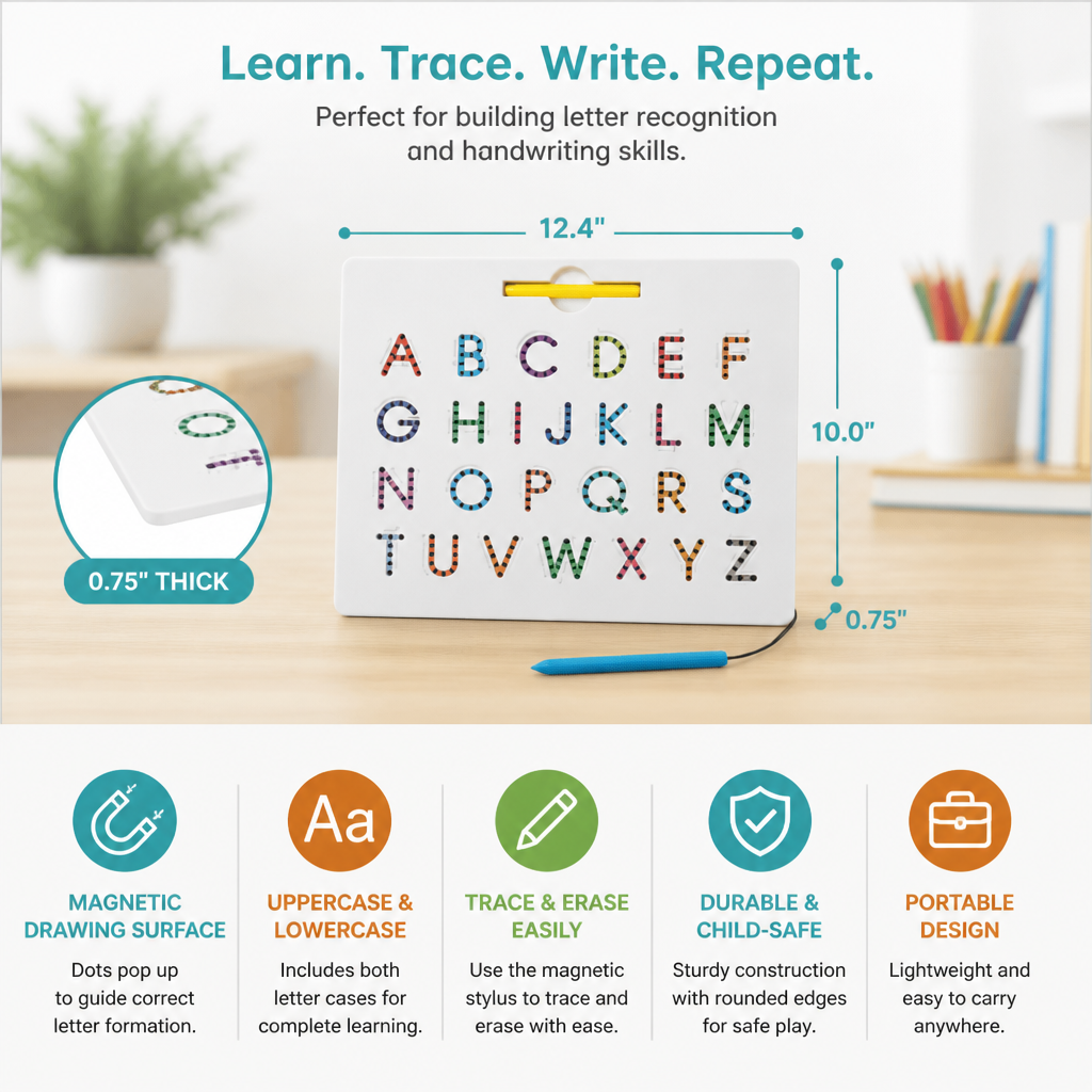 2-in-1 Magnetic Letter Tracing Board for Uppercase & Lowercase Writing Practice