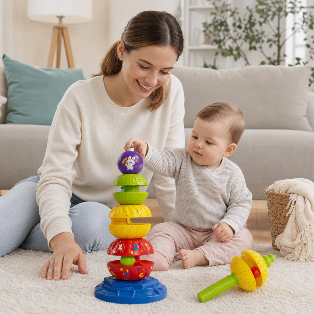 2-in-1 Interactive Rotating Stack & Ball Drop Tower with Rattle for Kids