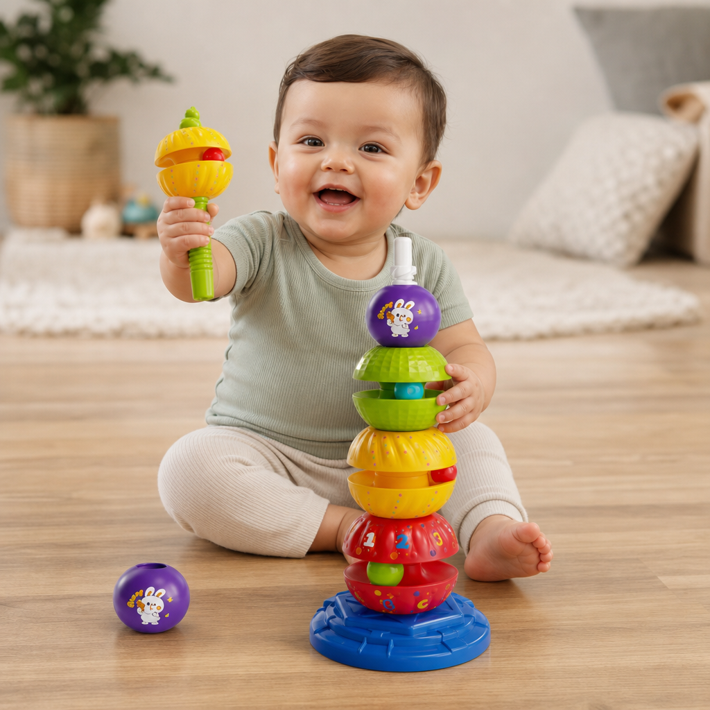 2-in-1 Interactive Rotating Stack & Ball Drop Tower with Rattle for Kids