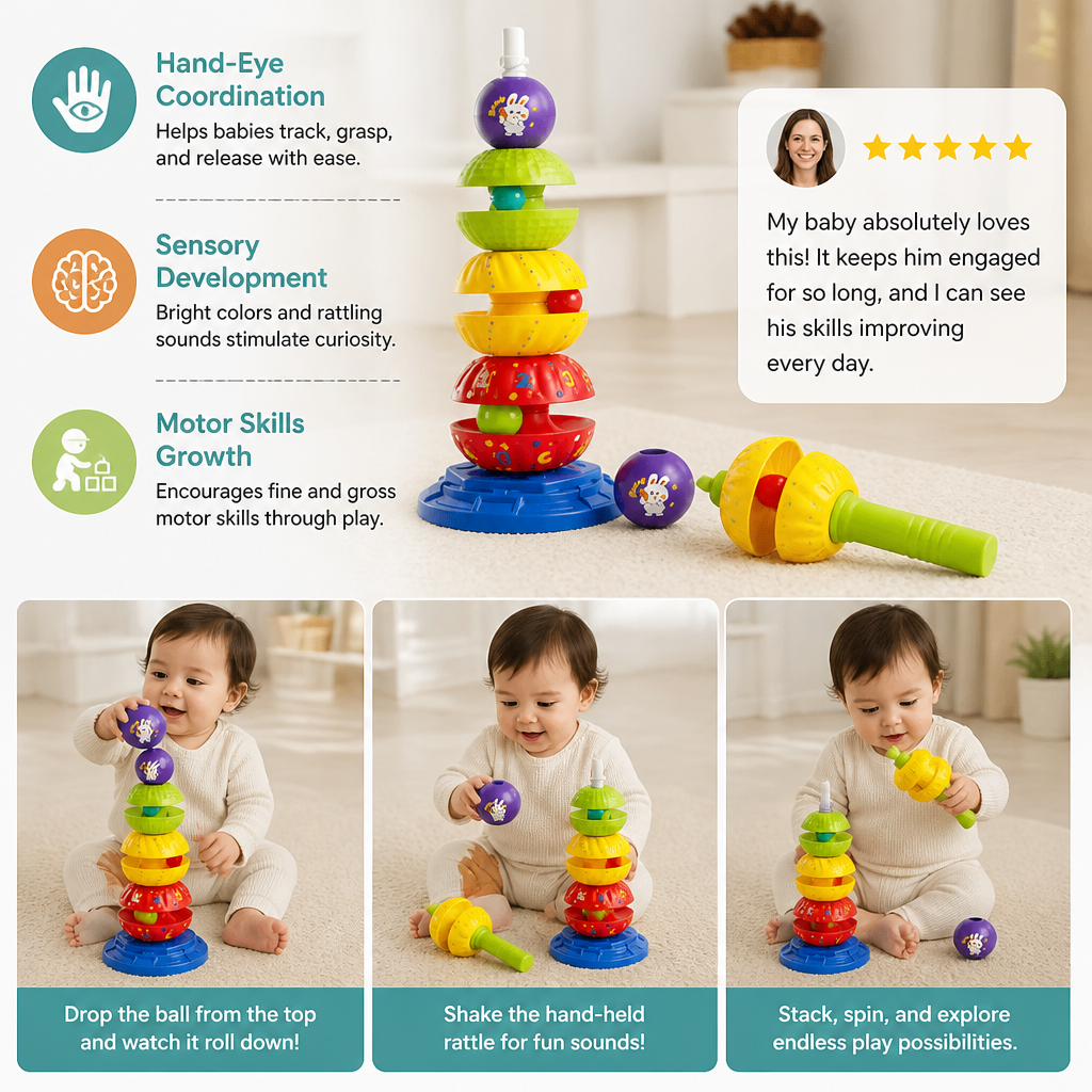2-in-1 Interactive Rotating Stack & Ball Drop Tower with Rattle for Kids