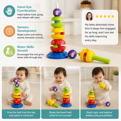 2-in-1 Interactive Rotating Stack & Ball Drop Tower with Rattle for Kids
