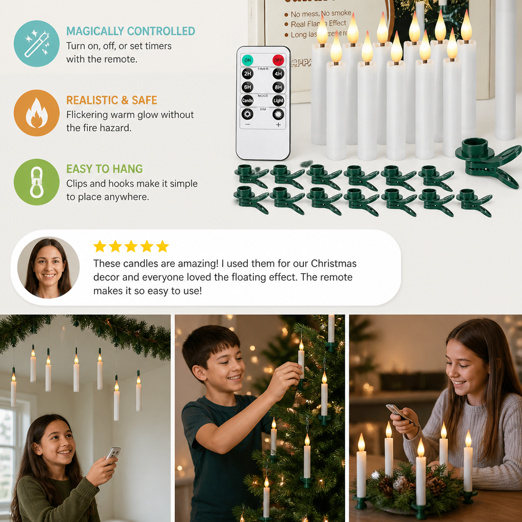 Magic Wand-Controlled Floating LED Candles with Hanging Hooks