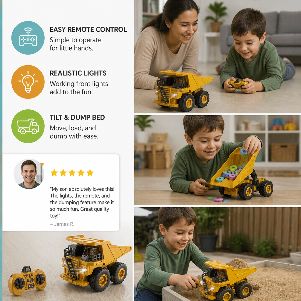 Remote-Controlled Dump Truck with Lights – Construction Vehicle Toy