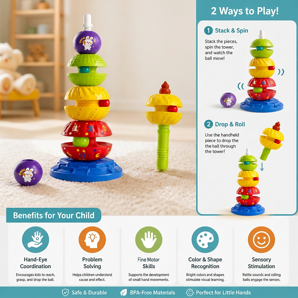 2-in-1 Interactive Rotating Stack & Ball Drop Tower with Rattle for Kids