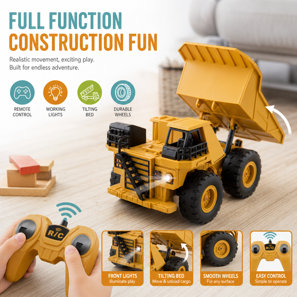 Remote-Controlled Dump Truck with Lights – Construction Vehicle Toy