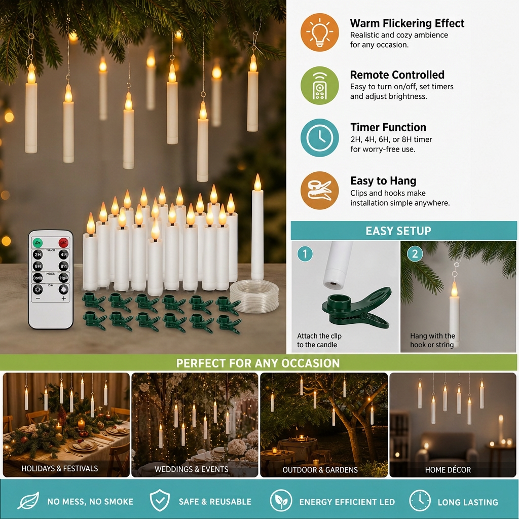 Magic Wand-Controlled Floating LED Candles with Hanging Hooks